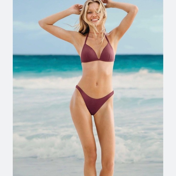 Victoria Secret PINK Push-up Ribbed Maroon Bikini Top & Hipster Cheeky Bottoms - Picture 1 of 10